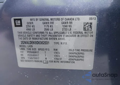 2013 Chevrolet Equinox 1Lt из США, поврежденный, VIN 2GNALDEK8D6362031